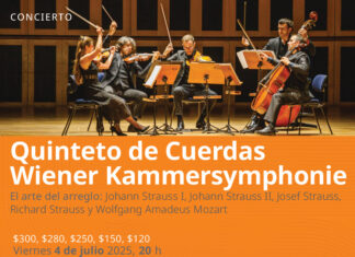 Johann Strauss Jahr 2025 / Kulturforum Mexiko Das Bild zeigt die Wiener Kammersymphonie. Unterhalb befinden sich Datum, Ort und Preis auf einem orangefarbenen Hintergrund.