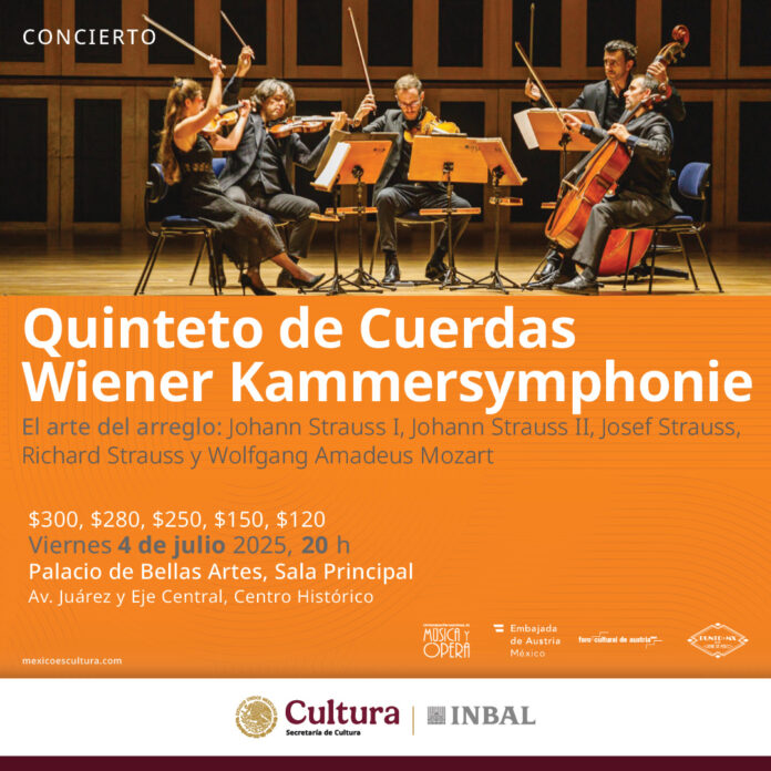 Bild: Secretaría de Cultura | INBAL Das Bild zeigt die Wiener Kammersymphonie. Unterhalb befinden sich Datum, Ort und Preis auf einem orangefarbenen Hintergrund.