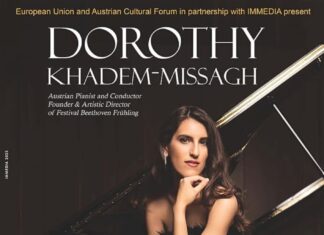 Piano Recital auf Mauritius / Kulturforum Pretoria Das Bild zeigt ein dunkel gehaltenes Ausstellungsposter mit der Dirigentin und Pianistin Dorothy Khadem-Missagh vor einem Klavier sitzend und mit allen Informationen zum Piano Recital am 9. Juli 2025 auf Mauritius.