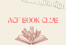 ACF Book Club/ Kulturforum London Das Bild zeigt das Logo des ACF Book Clubs. Es handelt sich um den Schriftzug ‚ACF Book Club‘ in Rot auf beigem Hintergrund, darunter die dunkelroten Umrisse eines aufgeschlagenen Buches, aus dem Blumen sprießen.