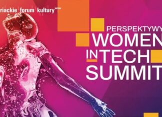 Quanteninternet und seine Zukunft / Kulturforum Warschau Das Bild zeigt eine moderne, nach oben gerichtete Frauengestalt auf rosarotem Hintergrund.