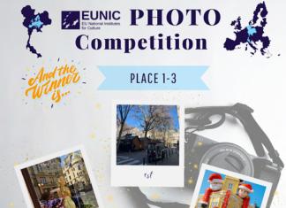 EUNIC-Fotowettbewerb / Botschaft Bangkok Die Fotos der Hauptgewinner des Fotowettbewerbs sind auf einer Seite dargestellt, darüber der Schriftzug Photo Competition.