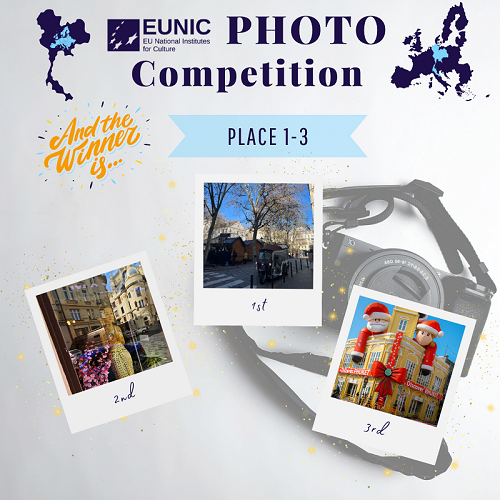 ÖB Bangkok / EUNIC Cluster Thailand Die Fotos der Hauptgewinner des Fotowettbewerbs sind auf einer Seite dargestellt, darüber der Schriftzug Photo Competition.