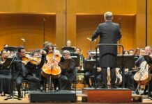 Cellist Friedrich Kleinhapl / Botschaft Bogotá Auf dem Bild sind der österreichische Cellist Friedrich Kleinhapl und der schwedische Dirigent Joachim Gustafsson gemeinsam auf der Bühne des Teatro Mayor zu sehen.