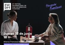 21. Menschenrechtsfilmfestival / Botschaft Buenos Aires Das Bild zeigt den Festivalflyer mit dem Filmbild, dem Titel, einer Kurzinformation zum Film sowie den Logos der Unterstützer.