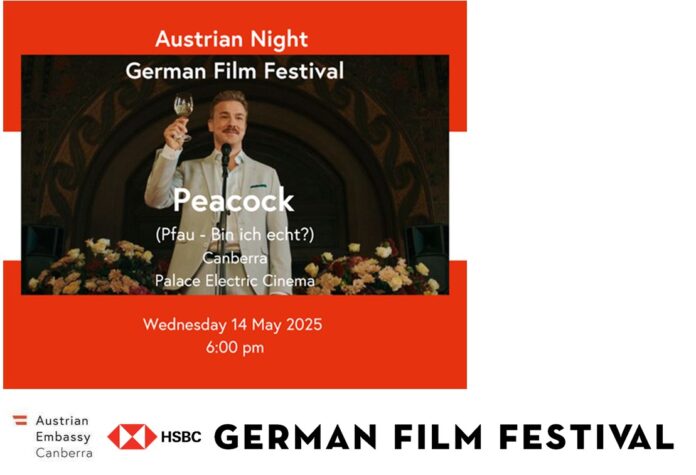 Bild: ÖB Canberra Das Bild zeigt das Plakat des Festivals mit der Ankündigung des Films „Pfau- bin ich echt“
