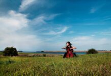 Festspiele Mecklenburg-Vorpommern / Kulturforum Berlin Eine Frau sitzt in einem Feld und spielt Cello.