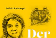 Lesung von Kathrin Steinberger in Stuttgart / Kulturforum Berlin Das Bild zeigt das Buchcover mit dem Titel „Der Rosengarten. Rosa, der Krieg und das Niemandsland“ von Kathrin Steinberger, erschienen im Tyrolia Verlag. Das Buchcover ist in einem leuchtenden Gelbton gehalten. Im Mittelpunkt steht eine grobe schwarz-gelbe Zeichnung eines Mädchens mit langen Haaren, das freundlich schaut. Rechts oben befindet sich eine Skizze von zwei Soldaten in Uniform, die nebeneinander sitzen und sich unterhalten. Auch diese Zeichnung ist in Schwarz gehalten und wirkt handgezeichnet.