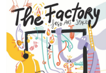 The Factory – Free Art Space / Kulturforum Mexiko Das Bild zeigt eine bunte Illustration, die eine lebendige Veranstaltung darstellt. Zu sehen sind stilisierte, farbenfrohe Figuren, die sich in einer offenen, kreativen Umgebung bewegen. Im Bild sind außerdem die Daten der Ausstellung „The Factory – Free Art Space“ zu sehen.