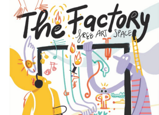 The Factory – Free Art Space / Kulturforum Mexiko Das Bild zeigt eine bunte Illustration, die eine lebendige Veranstaltung darstellt. Zu sehen sind stilisierte, farbenfrohe Figuren, die sich in einer offenen, kreativen Umgebung bewegen. Im Bild sind außerdem die Daten der Ausstellung „The Factory – Free Art Space“ zu sehen.