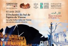 Konzert des Wiener Opernballorchesters / Botschaft Tunis Das Bild zeigt einen Ausschnitt des Orchesters in der Arena sowie Johann Strauß im Portrait .