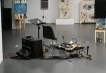 Between Light, Sound and Space / Kulturforum Laibach Das Bild zeigt elektronische Geräte und Bilder die Teil der Performance waren.