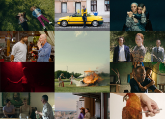 CineAustria / Kulturforum Berlin Das Bild zeigt eine Collage aus verschiedenen Filmszenen, die in einem 3x4-Raster angeordnet sind. Man sieht Menschen in unterschiedlichen Situationen – von Alltagsmomenten über Gespräche bis hin zu dramatischen Szenen wie einem brennenden Fahrzeug. Die Collage vermittelt eine Vielfalt an Stimmungen, von heiter und entspannt bis ernst und bedrückend.