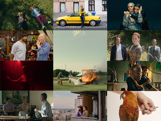 Bild: © Österreichisches Kulturforum Berlin Das Bild zeigt eine Collage aus verschiedenen Filmszenen, die in einem 3x4-Raster angeordnet sind. Man sieht Menschen in unterschiedlichen Situationen – von Alltagsmomenten über Gespräche bis hin zu dramatischen Szenen wie einem brennenden Fahrzeug. Die Collage vermittelt eine Vielfalt an Stimmungen, von heiter und entspannt bis ernst und bedrückend.