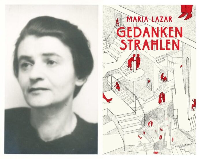 Links: Maria Lazar © Österreichische Exilbibliothek; Rechts: Buchcover Gedankenstrahlen © DVB Verlag Das Bild zeigt links ein Schwarz-Weiß-Porträt der Autorin Maria Lazar. Rechts im Bild ist das farbige Buchcover der Publikation Gedankenstrahlen zu sehen - mit roter Schrift und einer grafischen Treppenszene, in der rote Figuren in unterschiedlichen Situationen dargestellt sind.