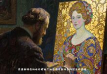 Gustav Klimt: Die Goldene Ära / Kulturforum Peking Das Bild zeigt eine digitale Darstellung von Gustav Klimt malend vor einer Leinwand. Es ist ein Frauenbild.