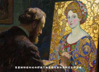 Gustav Klimt: Die Goldene Ära / Kulturforum Peking Das Bild zeigt eine digitale Darstellung von Gustav Klimt malend vor einer Leinwand. Es ist ein Frauenbild.