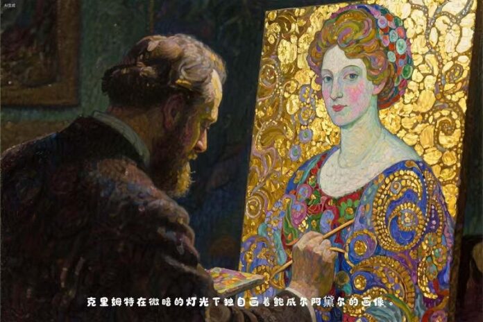 Copyright 2025 by Guangan Group and Producer Eliana Ao Das Bild zeigt eine digitale Darstellung von Gustav Klimt malend vor einer Leinwand. Es ist ein Frauenbild.