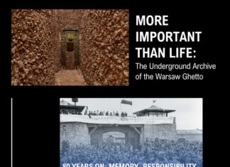 Konferenz & Ausstellung im JHGC / Kulturforum Pretoria Das Bild zeigt zwei Poster vom Warschauer Ghetto mit Überschriften und Daten zur Konferenz und zur Ausstellung; am unteren Ende sind alle Kooperationspartner und Unterstützer mit Logos ausgewiesen.