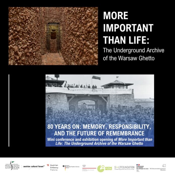 Das Bild zeigt zwei Poster vom Warschauer Ghetto mit Überschriften und Daten zur Konferenz und zur Ausstellung; am unteren Ende sind alle Kooperationspartner und Unterstützer mit Logos ausgewiesen.