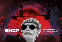 SHIP — Showcase Festival & Music Conference / Kulturforum Zagreb Das Bild zeigt das Plakat des Festivals: Im Vordergrund steht eine Steinskulptur, männlicher Kopf mit Sonnenbrillen und im Hintergrund sind Menschen in einem Nachtklub.