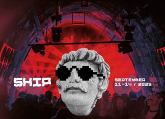 SHIP — Showcase Festival & Music Conference / Kulturforum Zagreb Das Bild zeigt das Plakat des Festivals: Im Vordergrund steht eine Steinskulptur, männlicher Kopf mit Sonnenbrillen und im Hintergrund sind Menschen in einem Nachtklub.