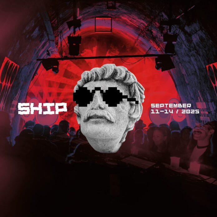 Bild: SHIP Festival Das Bild zeigt das Plakat des Festivals: Im Vordergrund steht eine Steinskulptur, männlicher Kopf mit Sonnenbrillen und im Hintergrund sind Menschen in einem Nachtklub.