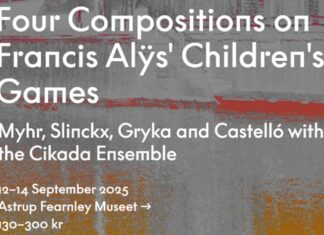 Uraufführung beim Ultima Festival / Botschaft Oslo Hintergrund: Grau schraffiert mit verfließenden orangen und roten Feldern. Darauf in weißer Schrift die Konzertankündigung mit Titel „Four Compositions on Francis Alÿs' Children's Games“, Verweis auf die Künstler*innen, Datum, Ort und Preis (130-300 NOK).