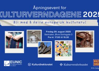 European Cultural Heritage Days / Botschaft Oslo Auf EUNIC-blauem Hintergrund wird in norwegischer Sprache und weißer Schrift auf das Eröffnungsevent der europäischen Kulturerbetage 2025 am 29. August 17:00-19:30 am Veranstaltungsort Sentralen in Oslo hingewiesen. Die Vielseitigkeit der Veranstaltung wird durch Bilder traditionellen Handwerks in Verbindung mit Trachtenmode aber auch u.a. einer Stabkirche in weißen Polaroidrahmen unterstrichen. Am unteren Ende des Bildes sind die Logos der beteiligten Institutionen.