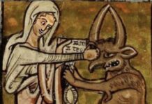 Eva Reiter “The Book of Women” / Kulturforum Brüssel Das Bild zeigt einen Wandteppich, auf dem eine mittelalterliche Frau einen Dämon an einem seiner Hörner zurückhält.