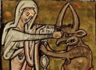 Eva Reiter “The Book of Women” / Kulturforum Brüssel Das Bild zeigt einen Wandteppich, auf dem eine mittelalterliche Frau einen Dämon an einem seiner Hörner zurückhält.