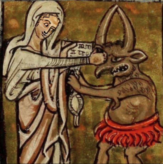 Bild: De Brailes hours Das Bild zeigt einen Wandteppich, auf dem eine mittelalterliche Frau einen Dämon an einem seiner Hörner zurückhält.