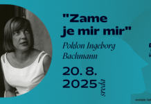 For me peace is peace / Kulturforum Laibach Das Bild zeigt Das Werbesujet für den Bachmannabend, mit einer Portraitaufnahme von Bachmann und den Daten zum Projekt.