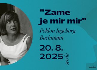 For me peace is peace / Kulturforum Laibach Das Bild zeigt Das Werbesujet für den Bachmannabend, mit einer Portraitaufnahme von Bachmann und den Daten zum Projekt.