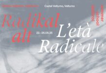 Summer School Südtirol / Kulturforum Mailand Das Bild zeigt das Plakat, es ist grau weiss mit weisser und roter SChrift, in roter Schrift steht Radikal Alt, in weisser Schrift steht L'eta Radicale - das ist italienisch.