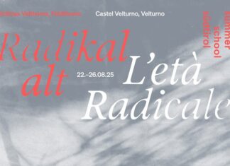 Summer School Südtirol / Kulturforum Mailand Das Bild zeigt das Plakat, es ist grau weiss mit weisser und roter SChrift, in roter Schrift steht Radikal Alt, in weisser Schrift steht L'eta Radicale - das ist italienisch.