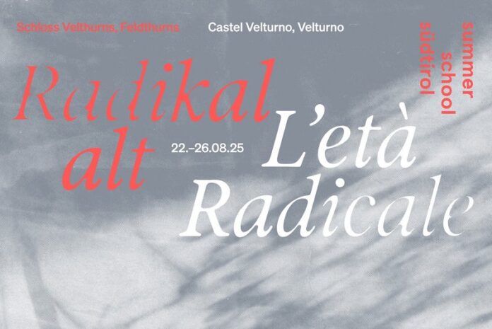 Das Bild zeigt das Plakat, es ist grau weiss mit weisser und roter SChrift, in roter Schrift steht Radikal Alt, in weisser Schrift steht L'eta Radicale - das ist italienisch.