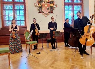 Wiener Kammersymphonie in Riga / Botschaft für Lettland Das Bild zeigt das fünfköpfige Streichquintett „Wiener Kammersymphonie“.