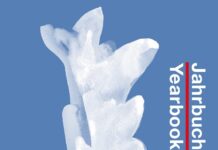 Jahrbuch Austria Kultur International /  2024/25 Das Bild zeigt das Cover des Jahrbuchs, es ist eine Grafik mit einem weissen Geysir und darunter stehen Menschen.