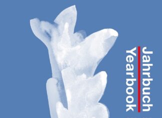 Jahrbuch Austria Kultur International / 2024/25 Das Bild zeigt das Cover des Jahrbuchs, es ist eine Grafik mit einem weissen Geysir und darunter stehen Menschen.