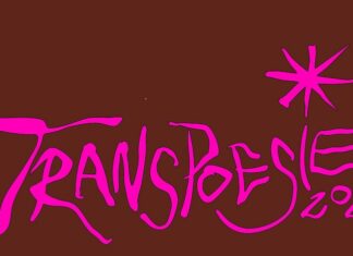 Transpoesie Festival 2025 / Kulturforum Brüssel Das Bild zeigt einen pinken Schriftzug mit "Transpoesie 2025" auf braunem Hintergrund.