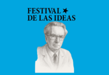 Vortrag anlässlich 120. Geburtstag von Viktor Frankl / Kulturforum Madrid Das Bild zeigt ein gezeichnetes Porträt Viktor Frankls vor hellblauem Hintergrund, auf dem Informationen zur Veranstaltung gelistet sind.