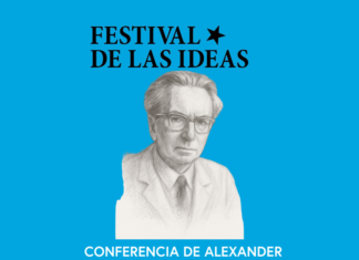 Vortrag anlässlich 120. Geburtstag von Viktor Frankl / Kulturforum Madrid Das Bild zeigt ein gezeichnetes Porträt Viktor Frankls vor hellblauem Hintergrund, auf dem Informationen zur Veranstaltung gelistet sind.