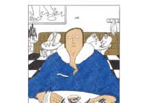 Comic KOMA /Kulturforum Paris Das Bild ist gezeichnet und zeigt einen Mann in einem Café. Zwei Hände mit langen Fingernägeln liegen auf seinen Händen.