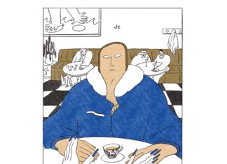 Comic KOMA /Kulturforum Paris Das Bild ist gezeichnet und zeigt einen Mann in einem Café. Zwei Hände mit langen Fingernägeln liegen auf seinen Händen.