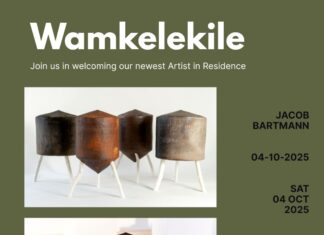 Jacob Bartmann bei IMISO Ceramics / Kulturforum Pretoria Das Bild in grüner Hintergrundfarbe gehalten trägt die Überschrift „Wamkelekile“ und zeigt aktuelle Keramikarbeiten von Jacob Bartmann. Dazu kommen Informationen zur Veranstaltung wie Ort und zeit, 4.10.2025, 18:00 Uhr