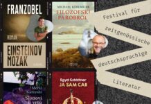 Festival für zeitgenössische deutschsprachige Literatur/ Kulturforum Zagreb Das Bild zeigt die Titelseiten der zu vorstellenden Büchern neben denen ein Bild der jeweiligen Autorinnen und Autoren steht.
