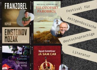 Festival für zeitgenössische deutschsprachige Literatur/ Kulturforum Zagreb Das Bild zeigt die Titelseiten der zu vorstellenden Büchern neben denen ein Bild der jeweiligen Autorinnen und Autoren steht.