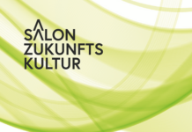 Salon Zukunftskultur 2025 / Podiumsdiskussion Schwarze Schrift im Hintergrund hellgrüne Art Schleier