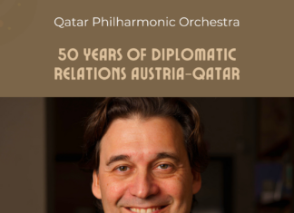 50 Jahre Diplomatische Beziehungen Österreich Katar / Botschaft Doha Es ist das Plakat der Veranstaltung zu sehen.